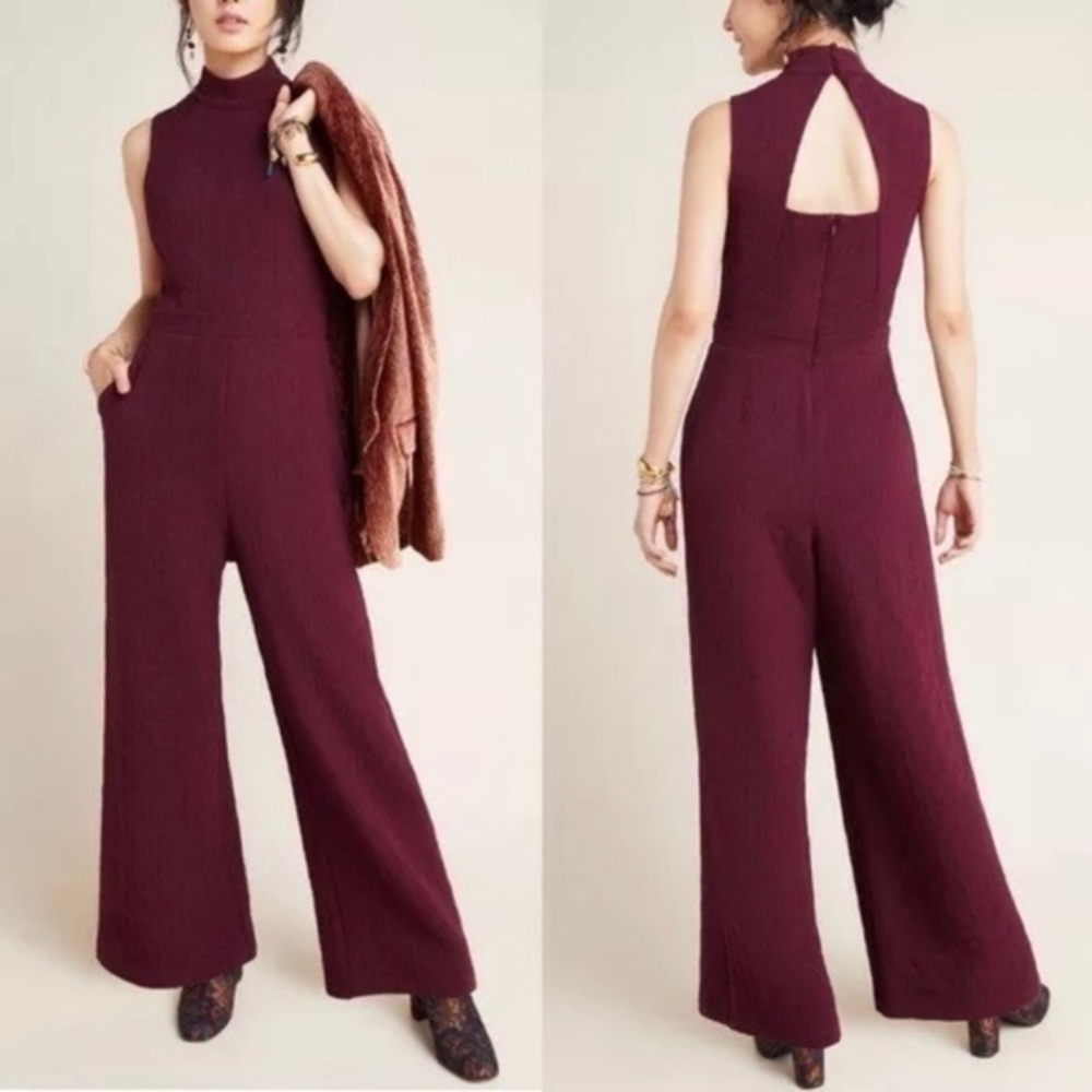 Anthro Eva Franco Charley Burgundy Mock Neck Textured Wide Leg Cropped Jumpsuit